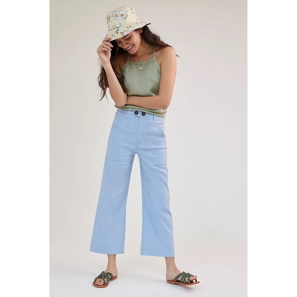 Maeve by Anthropologie Wide Leg Cropped Pants Light Blue Linen Blend Size 4